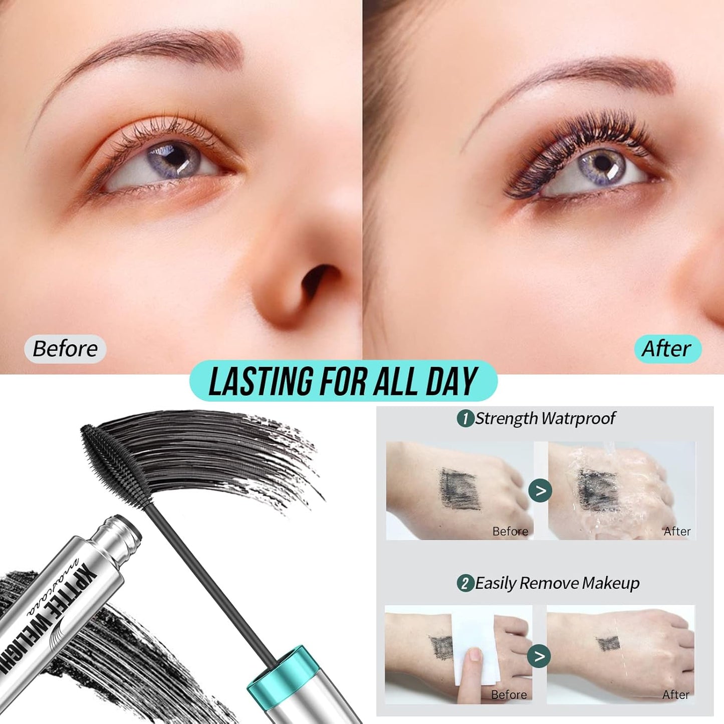 Fiber Mascara, Mascara Black,4D Silk Fiber Mascara, Natural Waterproof Smudge-Proof Mascara Black Mascara Thickening Lengthening,Exquisitely Full,Eyelash Primer Brush